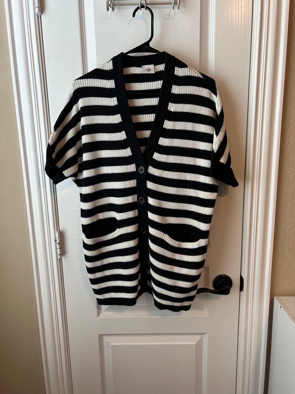Cabi Whistle Black and White Striped Short Sleeve Cardigan